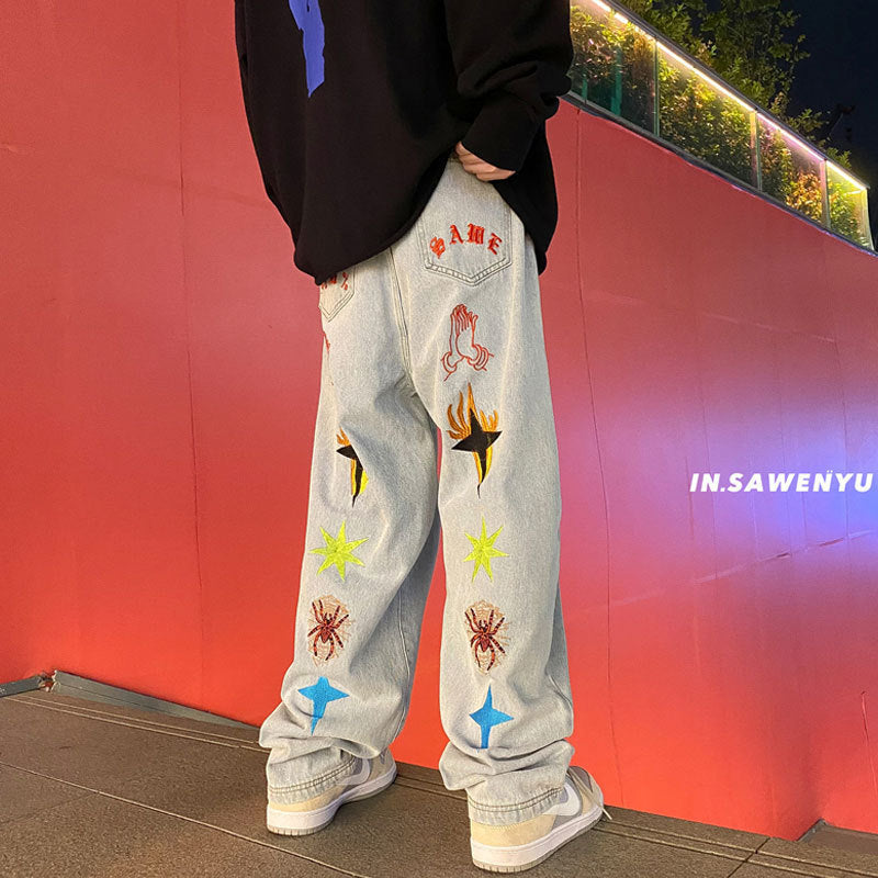 "Game" Embroidered Retro Jeans